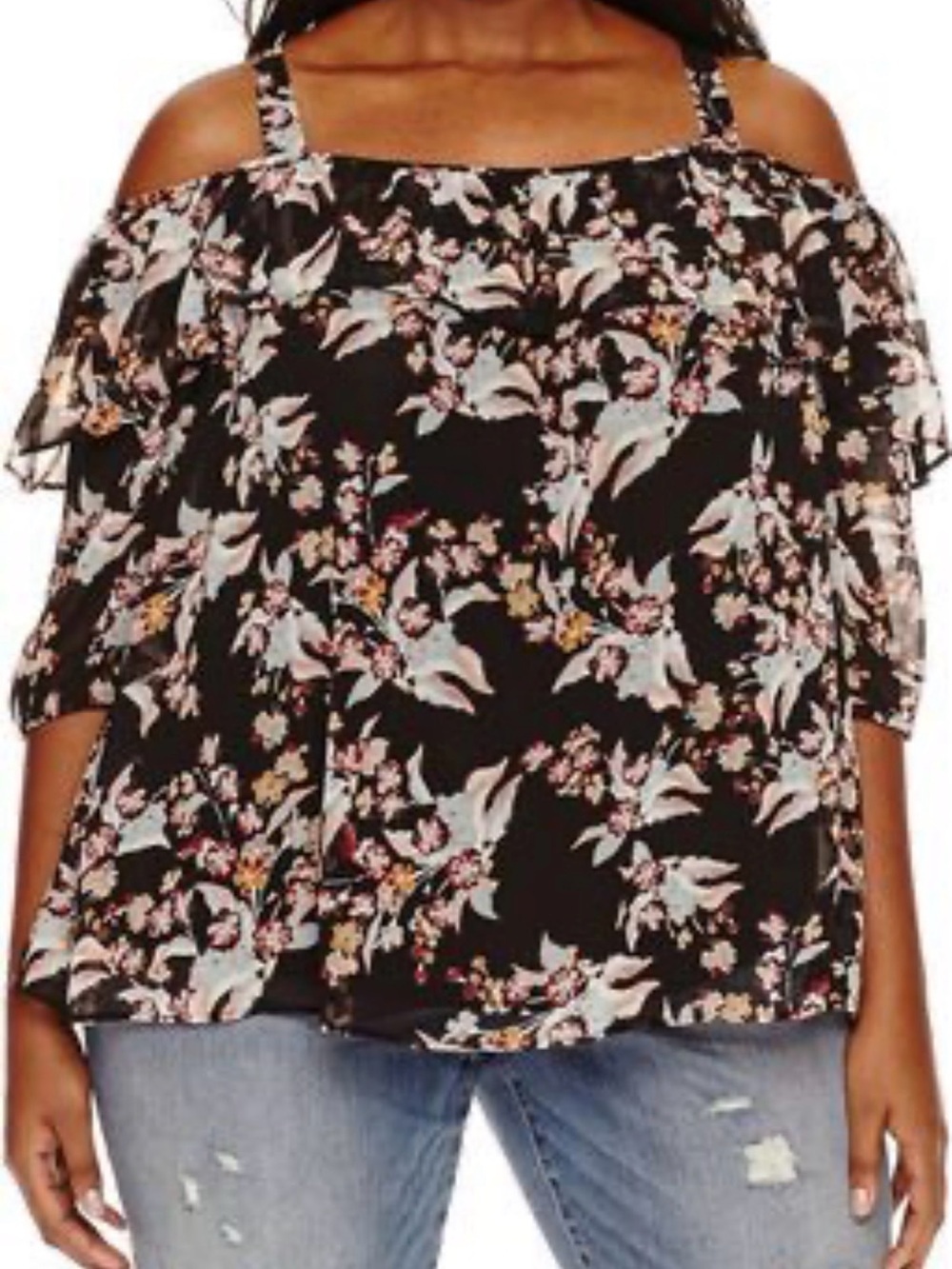 Boutique + | Floral Cold-Shoulder Blouse in Black